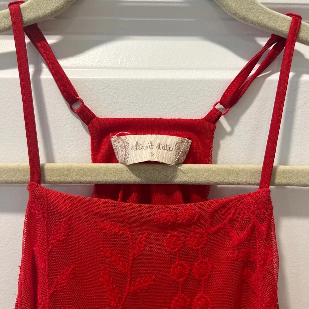 Altar'd State Red Floral Mini High Neck Shift Dress Flowy Lace Sexy Red Short - Picture 3 of 8